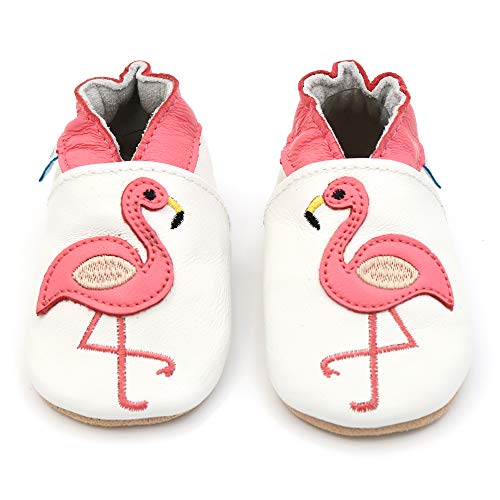 Dotty Fish Zapatos de Cuero Suave para bebés. Antideslizante. Blanco con Flamenco Rosa. 18-24 Meses (23 EU)