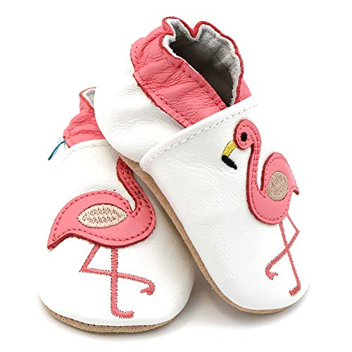 Dotty Fish Zapatos de Cuero Suave para bebés. Antideslizante. Blanco con Flamenco Rosa. 18-24 Meses (23 EU)