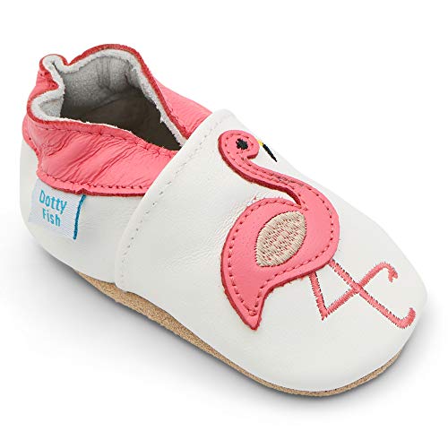 Dotty Fish Zapatos de Cuero Suave para bebés. Antideslizante. Blanco con Flamenco Rosa. 18-24 Meses (23 EU)