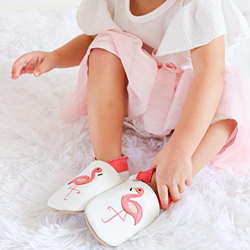 Dotty Fish Zapatos de Cuero Suave para bebés. Antideslizante. Blanco con Flamenco Rosa. 18-24 Meses (23 EU)