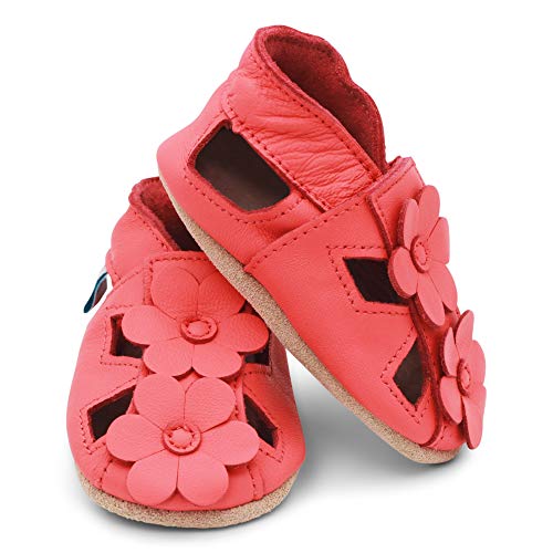 Dotty Fish Zapatos de Cuero Suave para bebés. Sandalias para niñas. Coral con Flores. 12-18 Meses (21 EU)