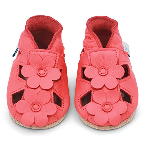 Dotty Fish Zapatos de Cuero Suave para bebés. Sandalias para niñas. Coral con Flores. 12-18 Meses (21 EU)