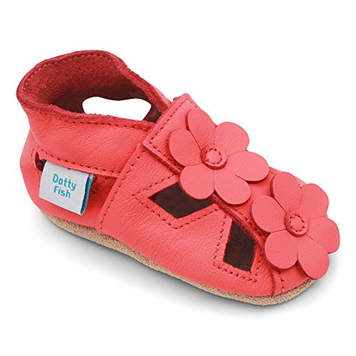 Dotty Fish Zapatos de Cuero Suave para bebés. Sandalias para niñas. Coral con Flores. 12-18 Meses (21 EU)