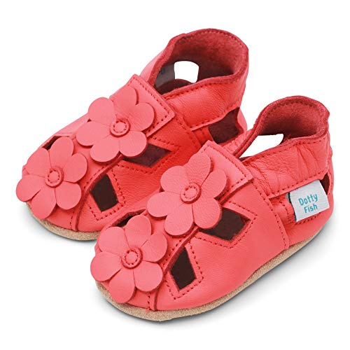 Dotty Fish Zapatos de Cuero Suave para bebés. Sandalias para niñas. Coral con Flores. 12-18 Meses (21 EU)