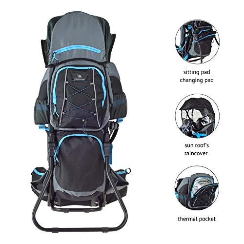 DROMADER Mochila Portabebé para Hacer Turismo Wombat | Peso del Bebé hasta 22 kg | Sistema de Transporte 3D Opti-fit | Espejo Lateral | Protección contra el Sol y la Lluvia | Negro & Azul