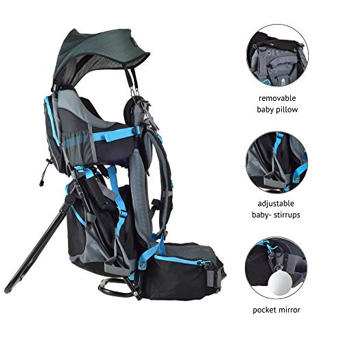 DROMADER Mochila Portabebé para Hacer Turismo Wombat | Peso del Bebé hasta 22 kg | Sistema de Transporte 3D Opti-fit | Espejo Lateral | Protección contra el Sol y la Lluvia | Negro & Azul