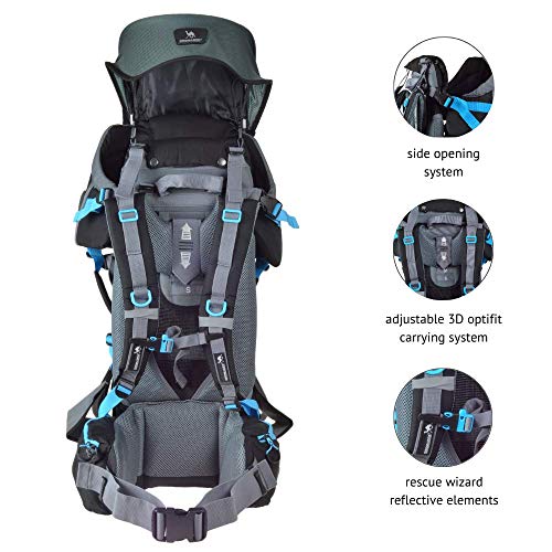 DROMADER Mochila Portabebé para Hacer Turismo Wombat | Peso del Bebé hasta 22 kg | Sistema de Transporte 3D Opti-fit | Espejo Lateral | Protección contra el Sol y la Lluvia | Negro & Azul