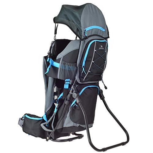 DROMADER Mochila Portabebé para Hacer Turismo Wombat | Peso del Bebé hasta 22 kg | Sistema de Transporte 3D Opti-fit | Espejo Lateral | Protección contra el Sol y la Lluvia | Negro & Azul