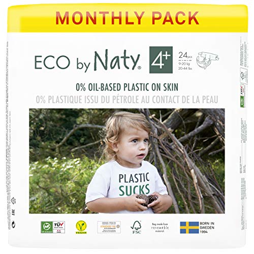 Eco by Naty Pañales, Tamaño 4+, 144 unidades, 9-20 kg, suministro para UN MES, Pañal ecológico Premium hecho a base de fibras vegetales. 0% plásticos derivados del petróleo en contacto con la piel