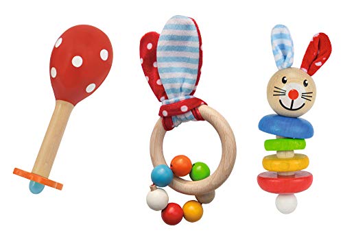 Eichhorn 100017045 - Set de 3 maracas, sonido, sonido, sonido, diseño de conejo, FSC 100%, madera de haya, BSK, 0-3m+, fabricado en Alemania, multicolor , color/modelo surtido