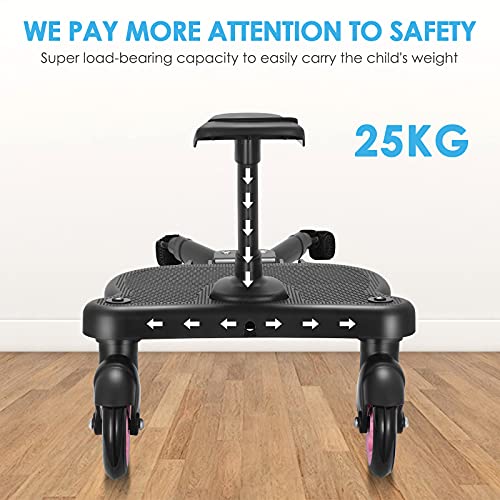 ETmate Patin Carro Bebe Universal con Asiento, Buggy Board portátil para niños,con correa de suspensión, Diseño estable de dos ruedas, Accesorio para cochecito para niños de 2 a 6 años (25 kg)