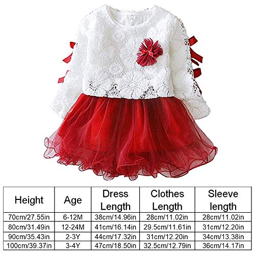 Falda de Encaje para niña de Manga Larga, Vestido de Princesa con Lazo Dulce para Primavera y otoño para guardería hogar Boda Fiesta Ceremonia cumpleaños y Uso Diario (Rojo 80 cm)