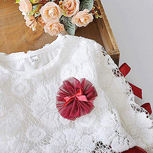 Falda de Encaje para niña de Manga Larga, Vestido de Princesa con Lazo Dulce para Primavera y otoño para guardería hogar Boda Fiesta Ceremonia cumpleaños y Uso Diario (Rojo 80 cm)