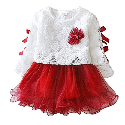 Falda de Encaje para niña de Manga Larga, Vestido de Princesa con Lazo Dulce para Primavera y otoño para guardería hogar Boda Fiesta Ceremonia cumpleaños y Uso Diario (Rojo 80 cm)