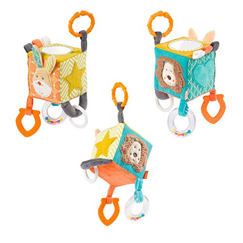 Fehn 066029 Cubo de actividades motoras Funky Friends para colgar, Para bebés y niños pequeños desde el nacimiento, Dimensiones: 10 x 10 cm