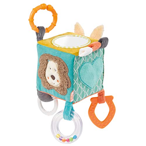 Fehn 066029 Cubo de actividades motoras Funky Friends para colgar, Para bebés y niños pequeños desde el nacimiento, Dimensiones: 10 x 10 cm