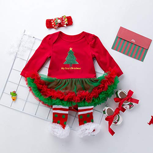 FEOYA - (set de 4)Traje de Navidad Tutú de Tutú Recién Nacidos Bebés Niñas Pijama Falda con Mangas Largas Venda de Pelo y Calcetines Zapatos para Fiesta Ceremonia - Navidad Rojo - L(6-12Meses)