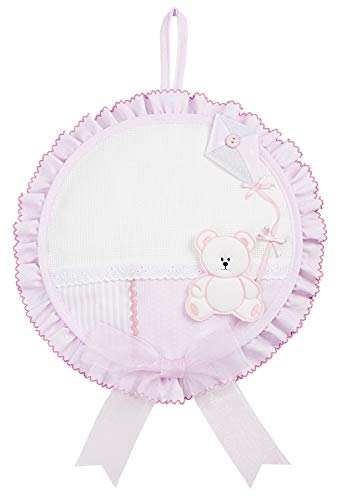 FILET - Arco Nacimiento en Algodón con Bordado en Forma de Oso con Cometa, con Lienzo Aida para Bordar, Ideal para Colgar para Anunciar el Nacimiento de una Niña, Made in Italy, Color Rosa