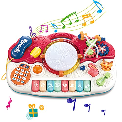 fiouni 5 en 1 Juguetes Musicales para bebés para niños, batería de Piano multifunción, Desarrollo temprano, Juguetes Musicales educativos, Regalo para niños, niñas, 12 Meses Arriba (Rojo)