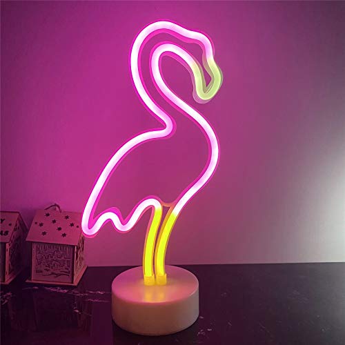 Flamingo - Lámpara de neón LED con letrero luminoso rosa con soporte, USB y funciona con pilas, lámpara de luz nocturna de flamenco para habitación de los niños, luz de neón para Navidad, bodas, bar