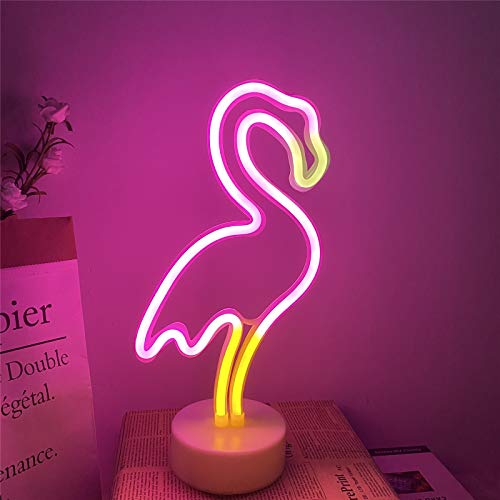 Flamingo - Lámpara de neón LED con letrero luminoso rosa con soporte, USB y funciona con pilas, lámpara de luz nocturna de flamenco para habitación de los niños, luz de neón para Navidad, bodas, bar