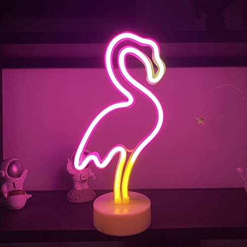 Flamingo - Lámpara de neón LED con letrero luminoso rosa con soporte, USB y funciona con pilas, lámpara de luz nocturna de flamenco para habitación de los niños, luz de neón para Navidad, bodas, bar