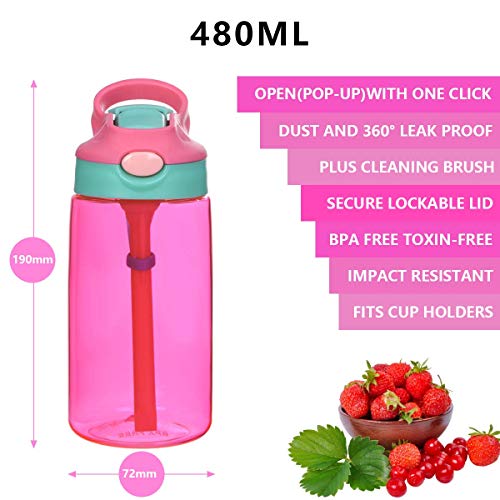 flintronic Botella Agua con Pajitas, Botella de Agua para Niños, 480ml/16OZ Botella a prueba de Fugas, Grado alimenticio PP Plástico, para Deportes y Aire Libre, Rosa roja