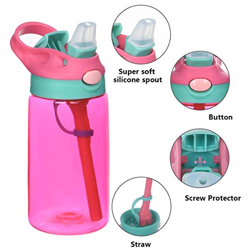 flintronic Botella Agua con Pajitas, Botella de Agua para Niños, 480ml/16OZ Botella a prueba de Fugas, Grado alimenticio PP Plástico, para Deportes y Aire Libre, Rosa roja