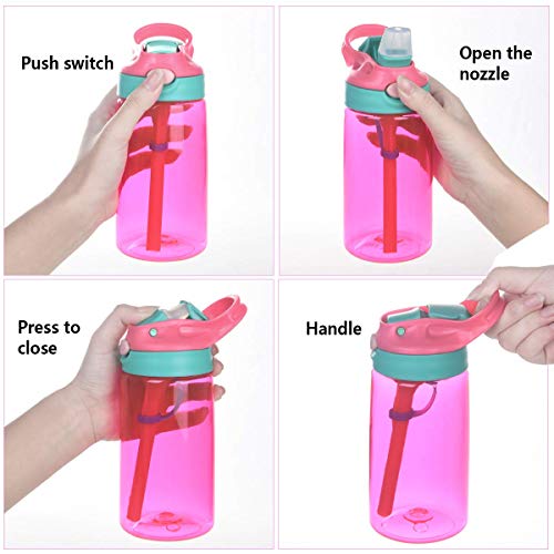 flintronic Botella Agua con Pajitas, Botella de Agua para Niños, 480ml/16OZ Botella a prueba de Fugas, Grado alimenticio PP Plástico, para Deportes y Aire Libre, Rosa roja