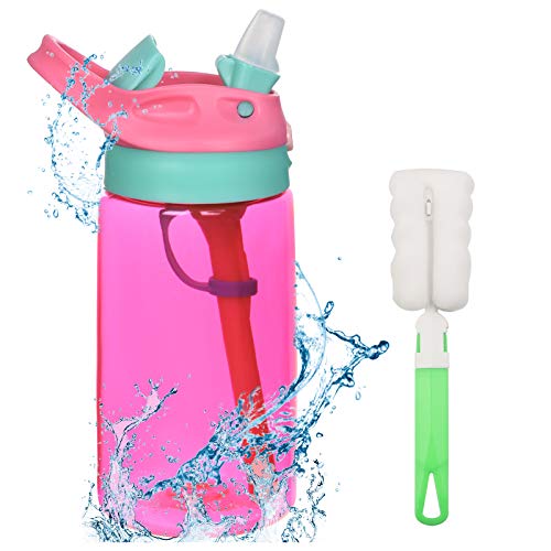 flintronic Botella Agua con Pajitas, Botella de Agua para Niños, 480ml/16OZ Botella a prueba de Fugas, Grado alimenticio PP Plástico, para Deportes y Aire Libre, Rosa roja