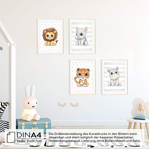 Frechdax® - Juego de 4 pósteres decorativos para habitación infantil, tamaño DIN A4, diseño de animales del bosque, África, Juego de 4 león, cuerno nasal, hipopótamo, tigre., DIN A4