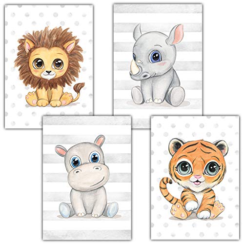 Frechdax® - Juego de 4 pósteres decorativos para habitación infantil, tamaño DIN A4, diseño de animales del bosque, África, Juego de 4 león, cuerno nasal, hipopótamo, tigre., DIN A4