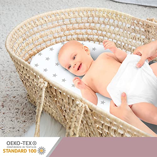 Funda capazo Universal 40x80 cm x2- Sabanas minicuna Bebe Transpirable algodón sabanas Carrito Bebe Oeko-Tex 100 sabanas capazo Búhos + Estrellas Grises sobre Blanco