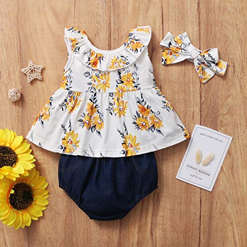 Gajaous Conjunto de ropa de verano 0 – 3J para bebé niña, con volantes, sin mangas, pantalones cortos y cinta para la cabeza, para verano blanco 3-6 Meses