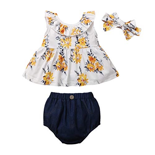 Gajaous Conjunto de ropa de verano 0 – 3J para bebé niña, con volantes, sin mangas, pantalones cortos y cinta para la cabeza, para verano blanco 3-6 Meses