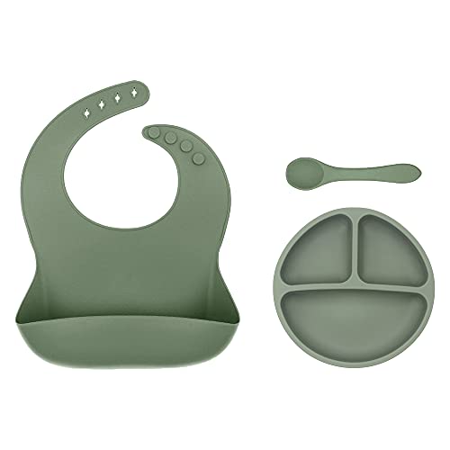 Gobesty Juego de vajilla de Silicona para niños pequeños, baberos bebe impermeables, Plato bebe, Set de vajilla de silicona para bebes, Conjunto de Babero, Cuenco, cuchara, plato antideslizante