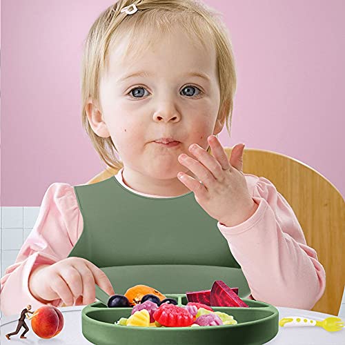 Gobesty Juego de vajilla de Silicona para niños pequeños, baberos bebe impermeables, Plato bebe, Set de vajilla de silicona para bebes, Conjunto de Babero, Cuenco, cuchara, plato antideslizante