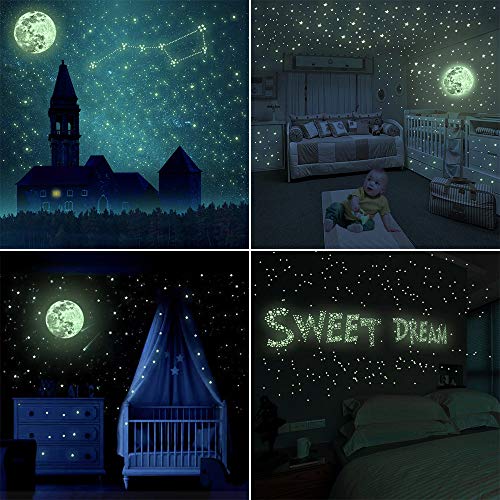 GOLDGE 1101pcs Luminoso Pegatinas Pared Fluorescentes Decoración de la Habitación, Luna Estrellas Puntos Pegatinas de Pared Para DIY Decoración de la Habitación para un Techo o Pared