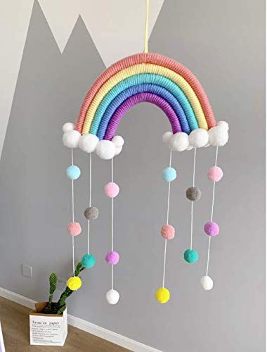 GOODCHANCEUK - Decoración de pared de macramé, diseño de nubes arcoíris de macramé, pompones boho para niños, habitación infantil