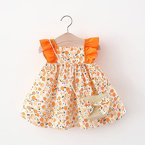 Haokaini Ropa de verano para bebé niña con cuello de muñeca floral fresa princesa Sundress Crossbody Bag, Naranja Fresa, 18 meses