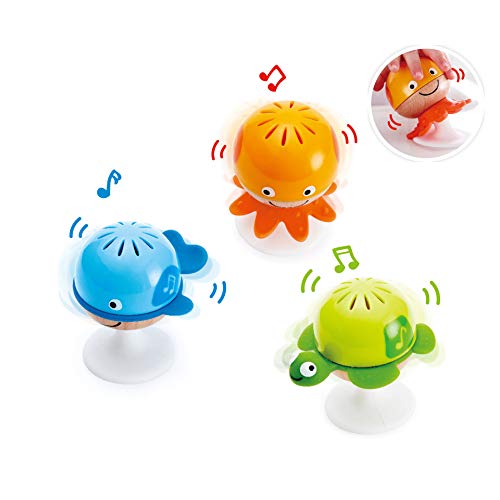 Hape Juego de Sonajeros Adhesivos, Tres Juguetes Sonajeros Adhesivos de Animales Marinos + Hape Palo de Lluvia, Mini Juguete Musical de Madera Palo de Lluvia y Sonajero, Rojo