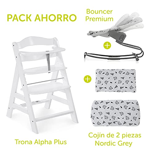 Hauck Alpha Plus Newborn Set Premium - Trona evolutiva Madera con Hamaca recién nacidos - Trona bebe con cojín de asiento en algodón - Trona convertible - blanco Nordic Grey