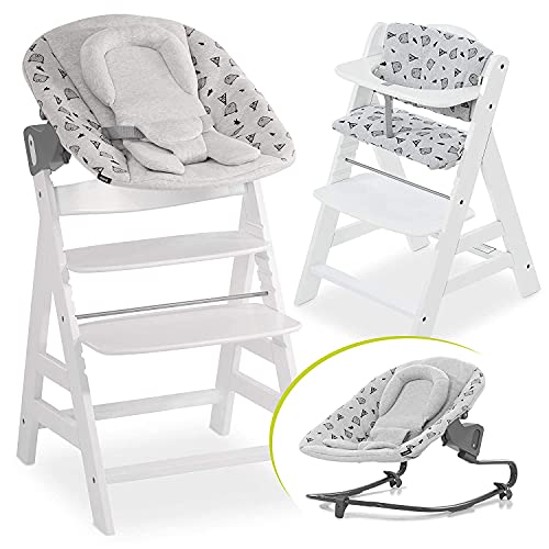 Hauck Alpha Plus Newborn Set Premium - Trona evolutiva Madera con Hamaca recién nacidos - Trona bebe con cojín de asiento en algodón - Trona convertible - blanco Nordic Grey