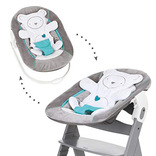 Hauck Newborn Set (2 Piezas): Trona Alpha desde 6 meses hasta 90 kg, evolutiva, altura regulable, en blanco + Hamaca (Cojin reductor: Osito) en gris