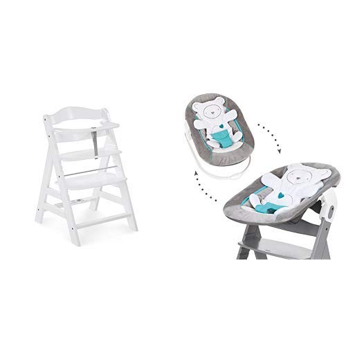 Hauck Newborn Set (2 Piezas): Trona Alpha desde 6 meses hasta 90 kg, evolutiva, altura regulable, en blanco + Hamaca (Cojin reductor: Osito) en gris