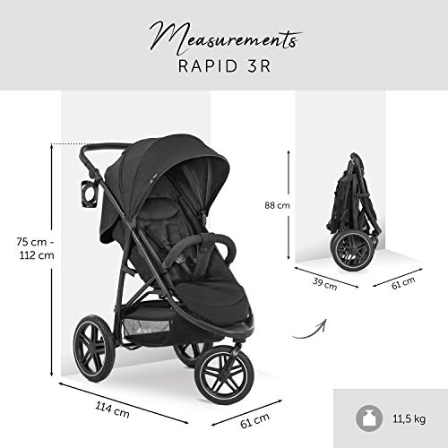 Hauck Rapid 3R de Hasta 25 Kg, 3 Ruedas, Respaldo Reclinable Desde Nacimiento, Capota Xl con Upf 50+, Manillar Regulable, Plegado con una Mano, Ruedas Todoterreno de Goma de Alta Calidad, Negro