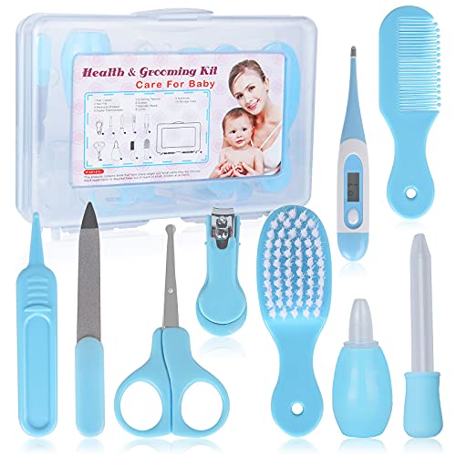 Holzsammlung 9 Piezas Set para Cuidado del Bebé, Accesorios para el Cuidado del Bebé, Bebé Kit de Cuidado Diario,Azul,Incluye tijeras, Cortaúñas,Peine