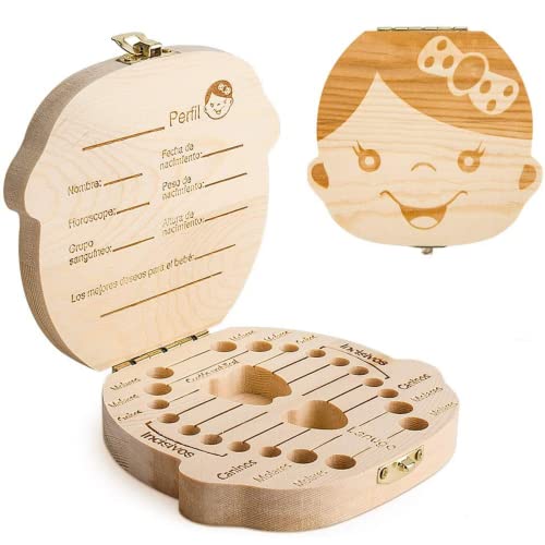 HOMYBABY® Caja dientes de leche niña - Cajitas de madera para guardar dientes - Regalos originales Ratoncito Perez para almacenamiento dientes (Set B)