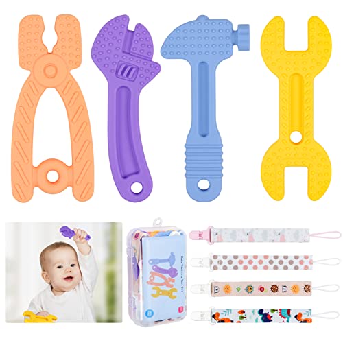 Hysagtek Juguete mordedor para bebés de 0 a 12 meses, con 4 clips para chupete, de silicona sin BPA, juguete para morder para bebé, llave de martillo, tenazas, para niños y niñas