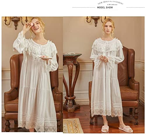 HZYDD Pijamas de Maternidad para Mujer Vestido de Dormir de Encaje Vintage Vestido de casa de Manga Larga Camisón de Palacio Retro Pijamas de enfermería de Maternidad, Encaje Blanco (Size : XL)